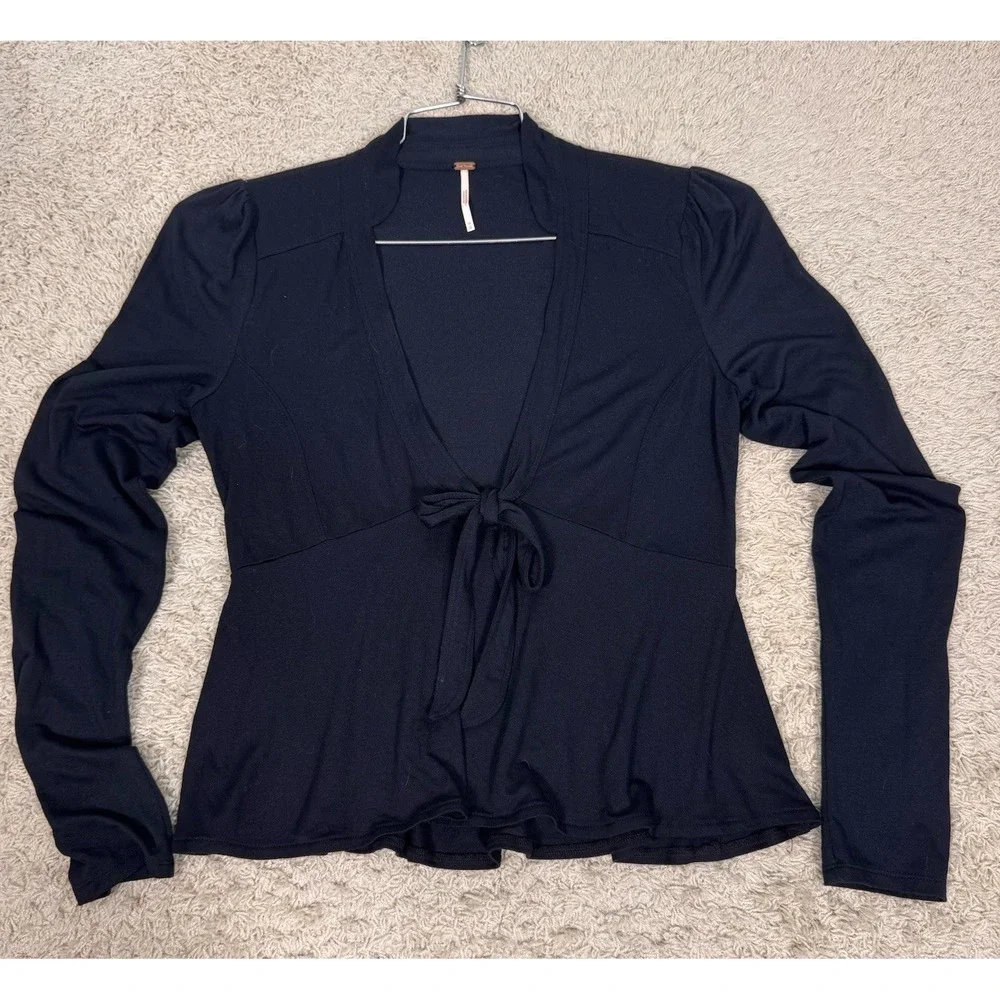 Free People Black Long Sleeve Cropped Tie Front Babydoll Top Womens M Whimsigoth